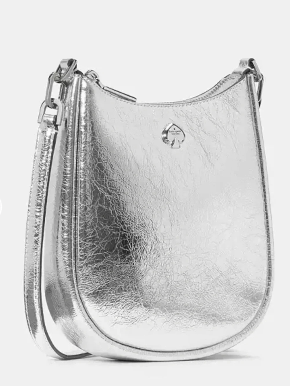 Kate Spade Kayla Small Swingpack Metallic Silver Leather Crossbody Bag. NWOT.
